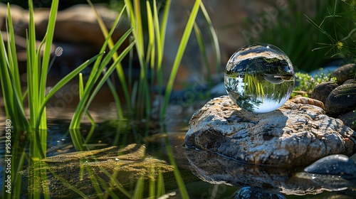 Close-up of a sphere-shaped, crystal-clear pond teeming with vibrant aquatic life。 Sustainability,conservation,crystal sphere ecosystem,macro photography of aquatic life.