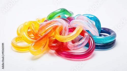 A medley of gummy worms, their wiggly forms and enticing colors bursting with life against a crisp white backdrop, reminiscent of a childhood candy store photo