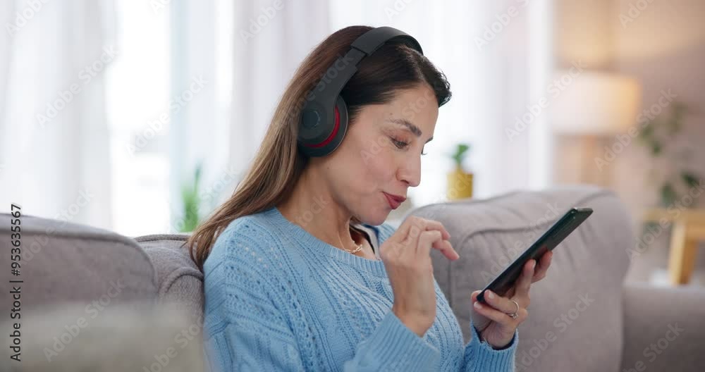 Woman, texting and music on earphones with mobile phone, living room and happiness for communication in home. Girl, technology and singing on streaming service, online playlist and ai software in app Woman, texting and music on earphones with mobile phone, living room and happiness for communication in home. Girl, technology and singing on streaming service, online playlist and ai software in app