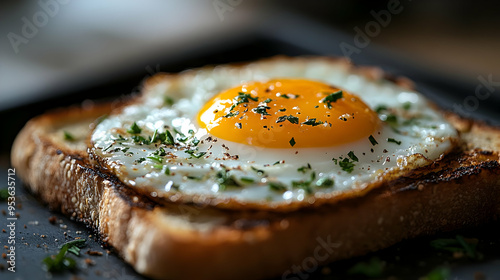 A fried egg with herbs on t...