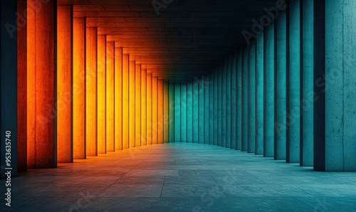 Colorful Illuminated Hallway with Warm Orange and Cool Blue Tones