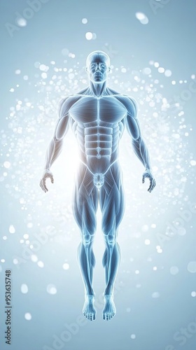 A semi-transparent blue muscular human figure stands against a light blue background with white glowing orbs.