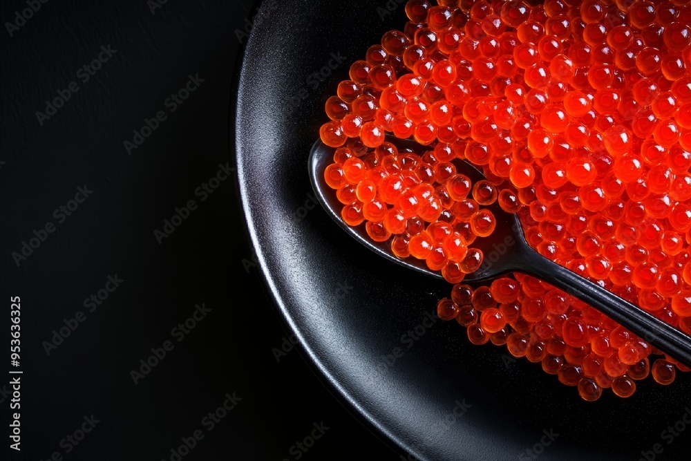 Close-Up of Red Caviar on a Black Plate