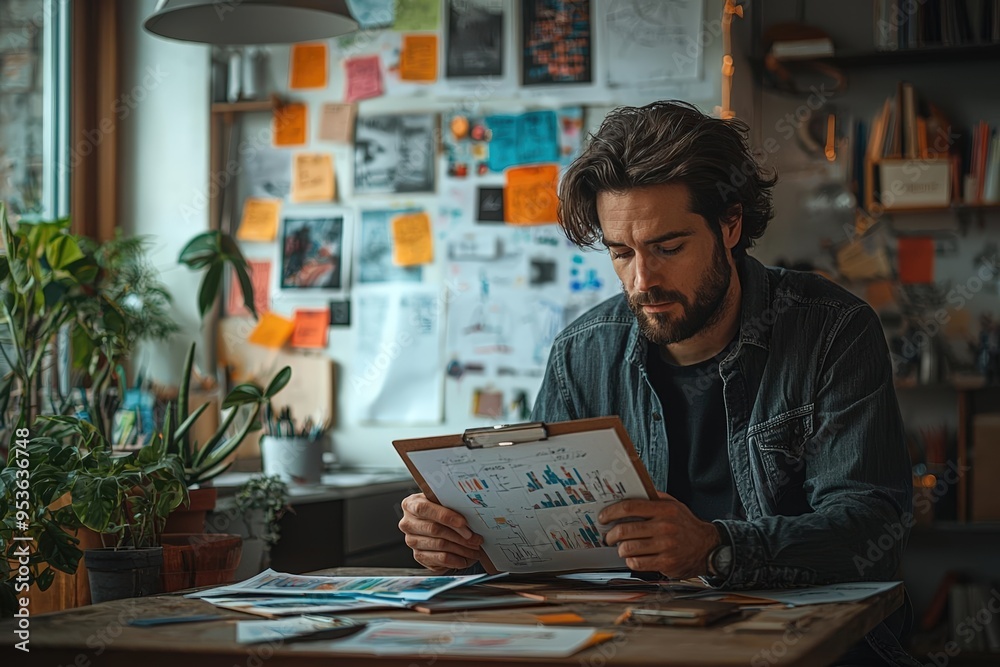 Focused Man Analyzing Graphs and Data in Home Office Setting Focused Man Analyzing Graphs and Data in Home Office Setting