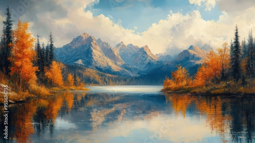 Fototapeta Naklejka Na Ścianę i Meble -  oil paiting lake and forest landscape art with andillustration, nature, travel, no people, abstract, sun, sky, sunset and moon light over the mountain