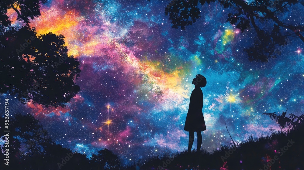 A silhouette of a person gazing up at a starry night sky filled with vibrant celestial colors, evoking a sense of wonder and contemplation. A silhouette of a person gazing up at a starry night sky filled with vibrant celestial colors, evoking a sense of wonder and contemplation.