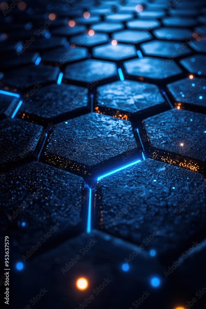 Futuristic Hexagonal Surface with Blue and Orange Neon Lights Futuristic Hexagonal Surface with Blue and Orange Neon Lights
