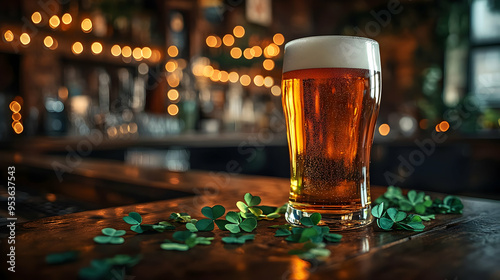 A glass of beer with shamro...