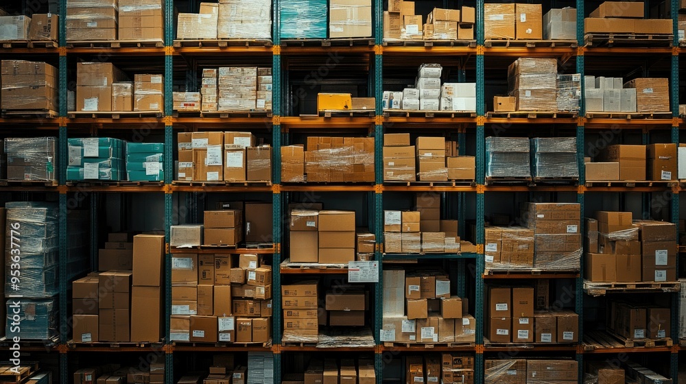 Fototapeta premium Detailed view of neatly arranged inventory in a logistics warehouse, with close-up shots of stacked boxes and pallets on industrial shelving.