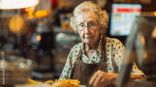 Elderly woman working in a cafe, wearing glasses and an apron. She stands behind the counter with a determined expression, surrounded by warm lighting and cafe equipment