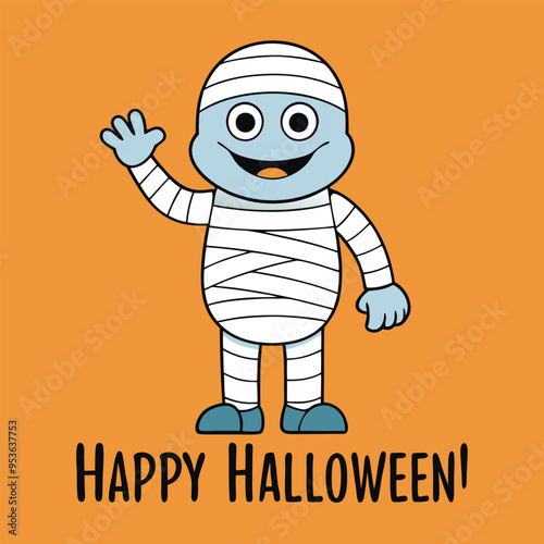 Cheerful Halloween vector of a smiling mummy with 'Happy Halloween' text, perfect for festive designs.