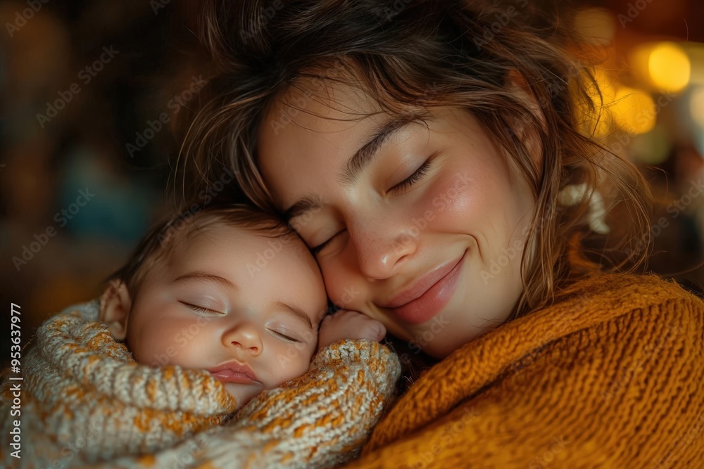 Mother and baby cozy embrace with warm orange tones Mother and baby cozy embrace with warm orange tones