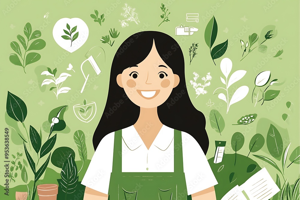 Joyful Stick Figure Woman in Botanical Garden Surrounded by Plant and Flower Icons - Green Theme Joyful Stick Figure Woman in Botanical Garden Surrounded by Plant and Flower Icons - Green Theme