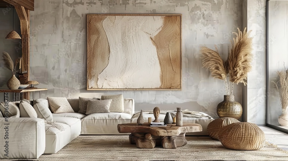 Desert dunes mural with wooden frame in boho-chic living room. Warm neutrals and natural textures Desert dunes mural with wooden frame in boho-chic living room. Warm neutrals and natural textures