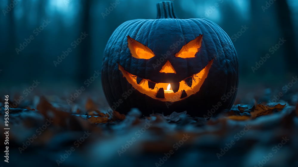 A pumpkin with a scary face and a lit candle inside A pumpkin with a scary face and a lit candle inside