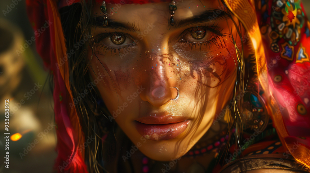 Mesmerizing close-up of a young tribal gypsy woman. Golden light illuminates her face, adorned with intricate jewelry. Glitter sparkles on her skin, creating a magical atmosphere. Mesmerizing close-up of a young tribal gypsy woman. Golden light illuminates her face, adorned with intricate jewelry. Glitter sparkles on her skin, creating a magical atmosphere.