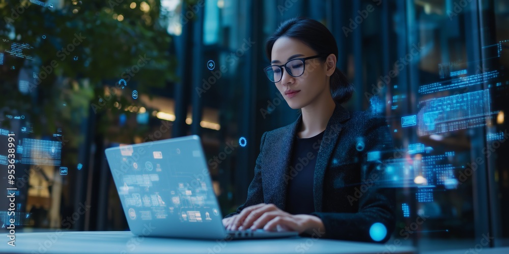 Fototapeta premium In todays fastpaced world, the modern businesswoman thrives in hightech environments, using advanced technology to analyze data, inspire creativity, and drive success and growth for her business