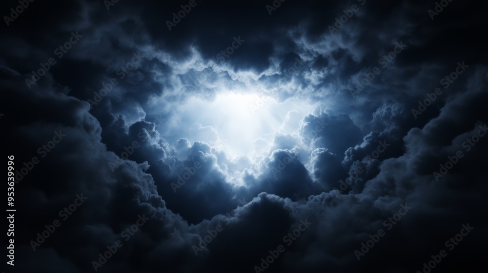 Obraz premium Epic battle Jesus Christ strong against evil forces rays divine light dark clouds parting triumph good over evil dark blue bright white palette