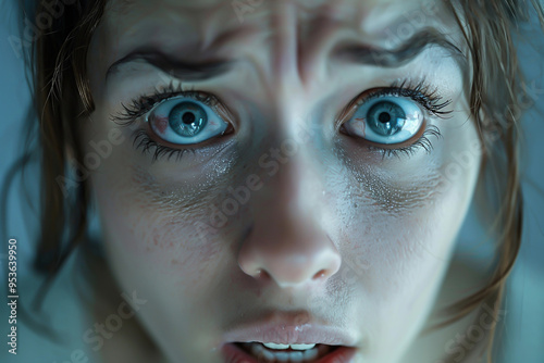 Closeup of a persons face showing anxiety, emotion theme, front view, highlighting detailed expressions, advanced tone, Complementary Color Scheme