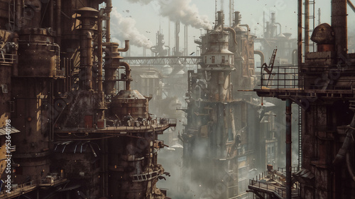 Dystopian industrial landscape with towering factories, smoke-filled sky, and intricate pipework. Massive structures loom over a hazy, polluted cityscape, creating an atmosphere of environmental decay