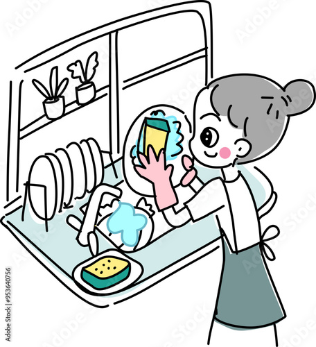 Girl washing dishes cartoon