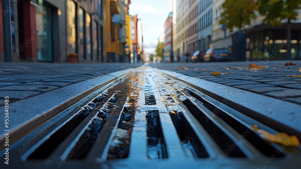 Efficient Urban Drainage System Manages Water Flow on City Street Efficient Urban Drainage System Manages Water Flow on City Street