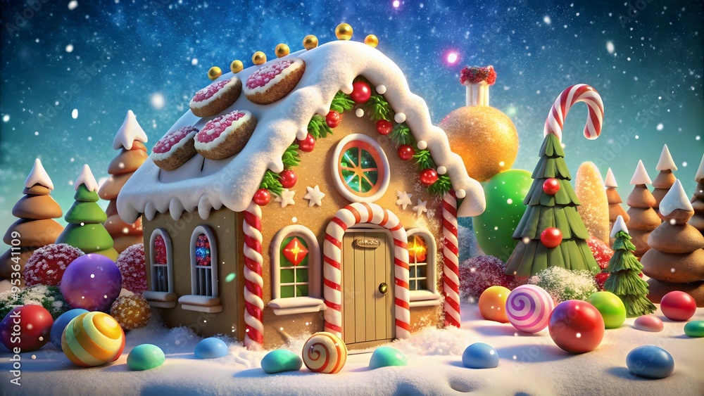 whimsical gingerbread house in a candy wonderland with snowy trees and christmas festive decorations