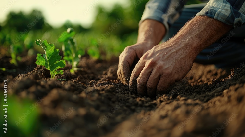 Close-up of a farmer's hands examining soil quality, with green crops in the background, symbolizing sustainable farming practices. Close-up of a farmer's hands examining soil quality, with green crops in the background, symbolizing sustainable farming practices.