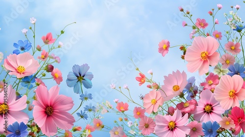 Serene sky-blue background with pink and blue flowers, featuring intricate and delicate flowery designs for an artistic and tranquil effect.