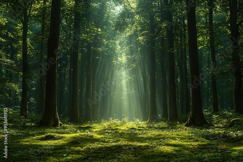 Misty Sunlight Filtering Through Dense Green Forest