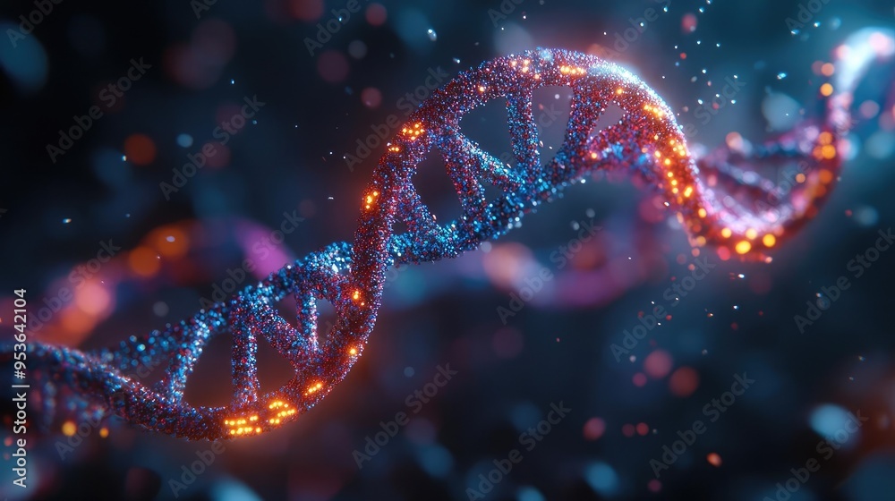 Scalable model of a DNA helix, with detailed nucleotide pairs and base structures, 3D illustration