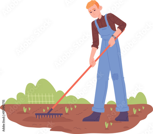 Man raking soil illustration. Gardening male character
