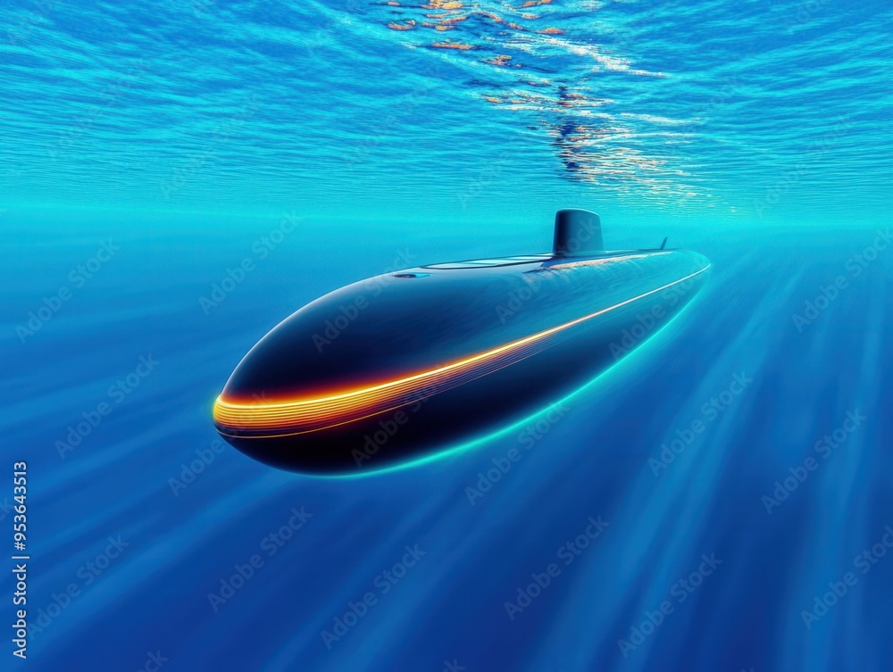 Elegant futuristic submarine gliding effortlessly through the depths of a tranquil ocean Elegant futuristic submarine gliding effortlessly through the depths of a tranquil ocean