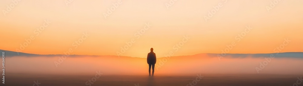A solitary figure standing in a misty field at dusk, as the sun dips below the horizon, solitude, sunset, nature, mystery A solitary figure standing in a misty field at dusk, as the sun dips below the horizon, solitude, sunset, nature, mystery