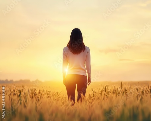 A woman standing in a cornfield at sunset, with the golden sun setting behind her, nature, sunset, solitude, tranquility photo