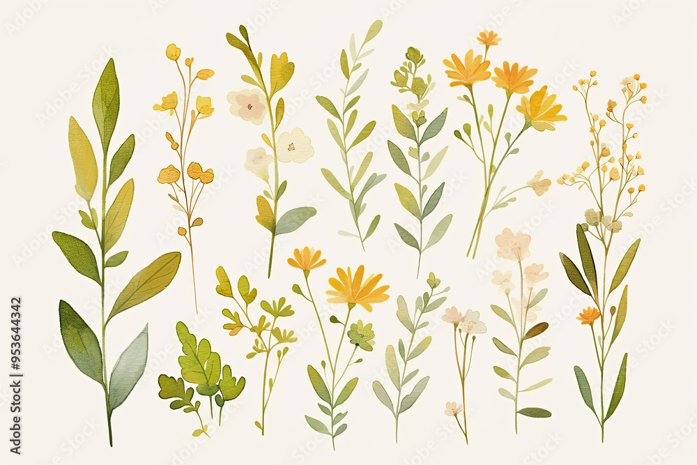 Naklejka premium Discover the beauty of nature with this stunning collection of watercolor floral illustrations