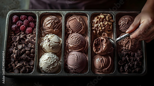 A hand scoops chocolate ice...