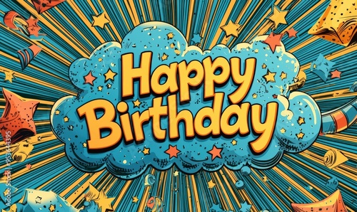 Colorful Comic Style Happy Birthday Card with Blue and Yellow Theme