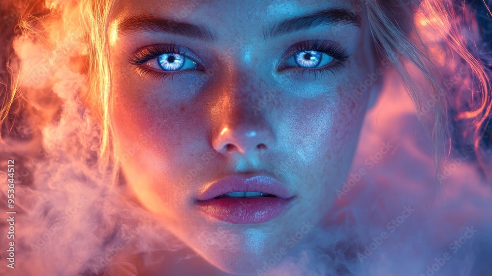 Close-up of a young woman with striking blue eyes and ethereal lighting. Close-up of a young woman with striking blue eyes and ethereal lighting.