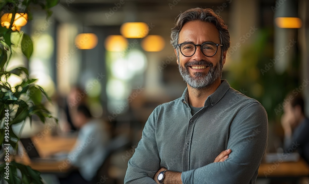 Smiling Mature Professional in Office with Modern Lighting Smiling Mature Professional in Office with Modern Lighting