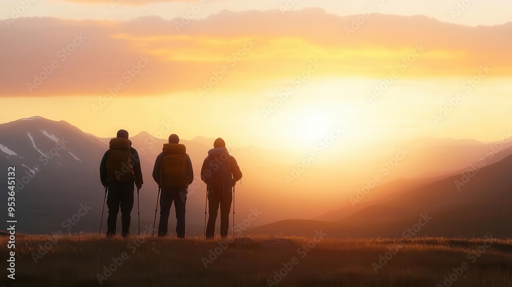 Group of hikers standing on a mountain field at sunset, overlooking a valley, adventure, sunset, nature, exploration Group of hikers standing on a mountain field at sunset, overlooking a valley, adventure, sunset, nature, exploration