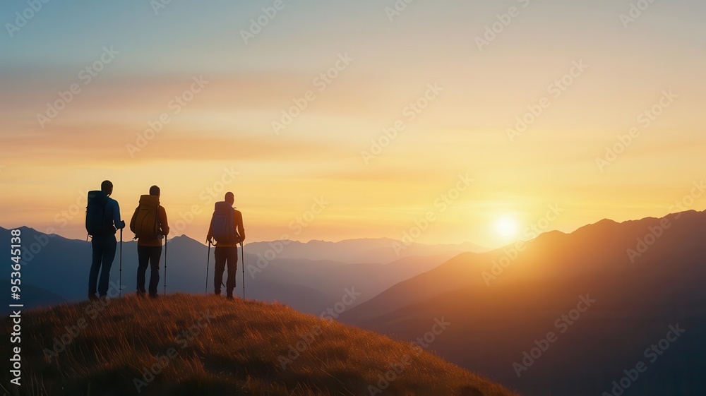 Group of hikers standing on a mountain field at sunset, overlooking a valley, adventure, sunset, nature, exploration Group of hikers standing on a mountain field at sunset, overlooking a valley, adventure, sunset, nature, exploration