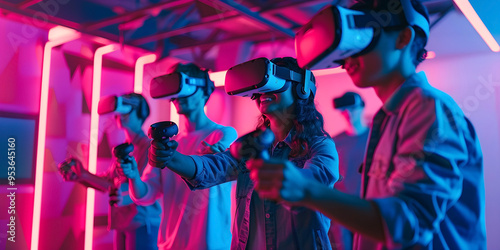 Group of people enjoying a virtual reality experience with VR headsets and controllers, surrounded by vibrant neon lights in a futuristic setting