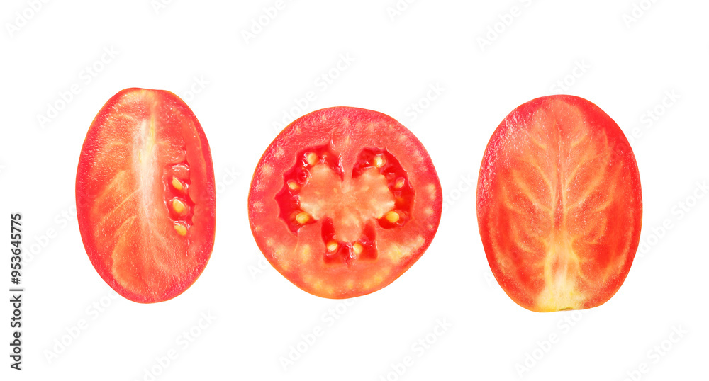 Different cuts of ripe red plum tomato close-up isolated on white background top view Different cuts of ripe red plum tomato close-up isolated on white background top view