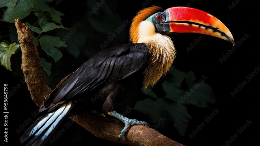 Obraz premium A Rufous Hornbill, its striking red and black feathers illuminated by sunlight, perched on a tree branch with a lush green backdrop,