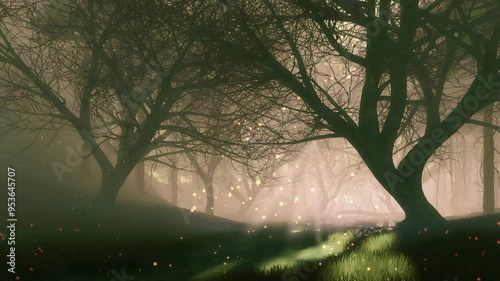 Mysterious woodland landscape with supernatural firefly lights flying over trail among leafless creepy trees in magic forest at dark foggy twilight. With no people fantasy 3D animation rendered in 4K