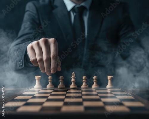 Manager at a chessboard, with low-risk and high-risk moves at a critical point in the game, strategy, decision, risk, business photo