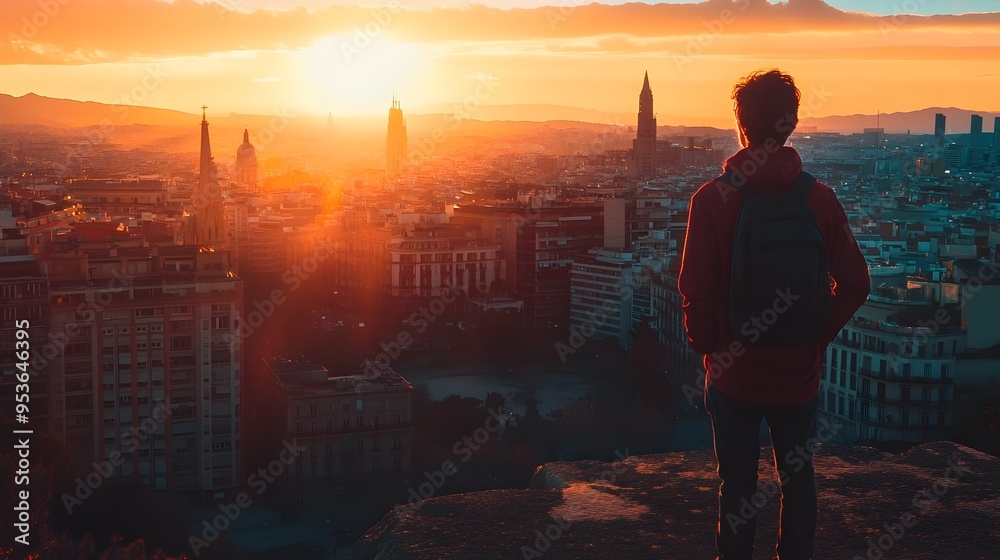 Fototapeta premium Adventurous Digital Nomad Exploring Vibrant Cityscape at Dramatic Sunrise