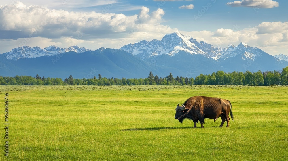 Fototapeta premium A buffalo grazing in a green field, with mountains in the background.