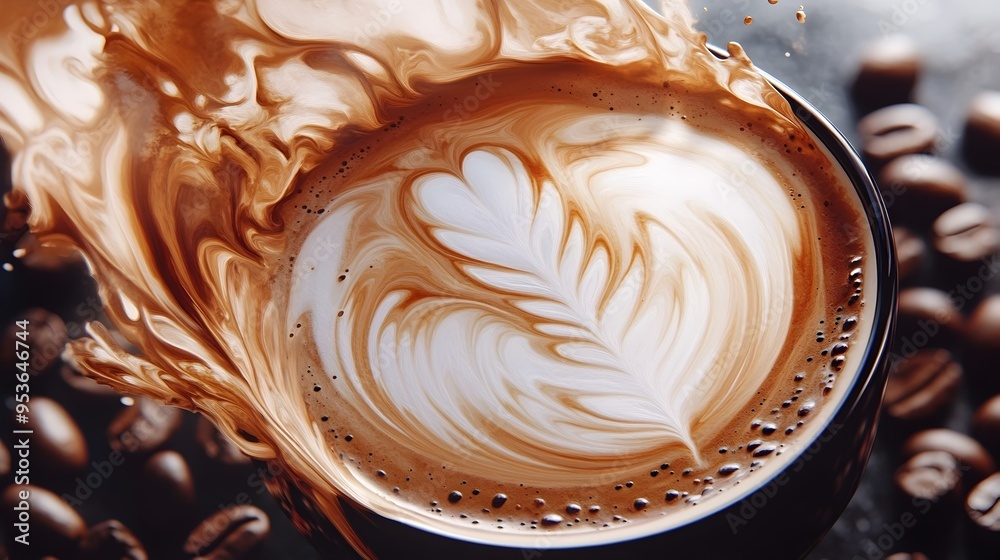 Latte Art with Detailed Patterns and Swirling Espresso Flows in Mid Century Cafe Setting Latte Art with Detailed Patterns and Swirling Espresso Flows in Mid Century Cafe Setting
